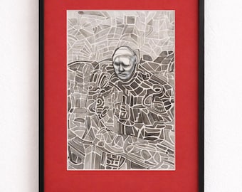 Original Stippling Ink Portrait – Surreal Dark Art by Teis Seiten Raunwe