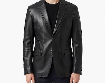 Men’s Black Genuine Leather Blazer - Two Button Slim Fit Leather Blazer - Classic Notch Lapel Formal Blazer - Luxury Menswear - Gift For Him