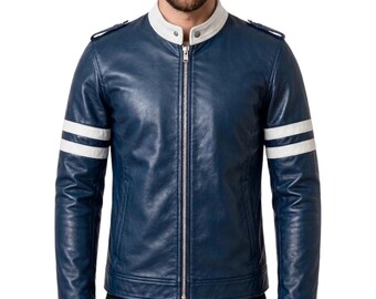 Men's Blue Genuine Leather Moto Jacket - Handmade White Collar and Stripe Motorcycle Jacket – Classic Retro Zip Up Café Racer Jacket