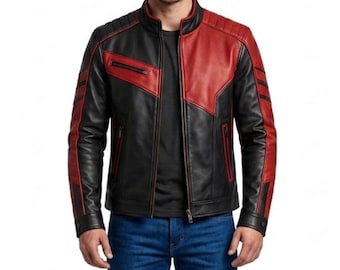 Men's Black & Red Genuine Leather Motorcycle Jacket - Handmade Two Tone Racing Moto Jacket - Cafe Racer Style Leather Streetwear Jacket