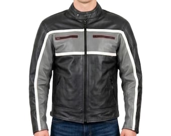 Men's Black and Grey Genuine Leather Motorcycle Jacket - Handmade Café Racer Jacket - Two Tone Moto Racing Outerwear Jacket Gift for Him