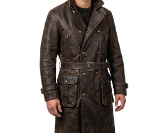 Men's Dark Brown Genuine Leather Trench Coat- Handmade Double Breasted Long Duster Coat- Vintage Military Style Winter Overcoat Gift For Him