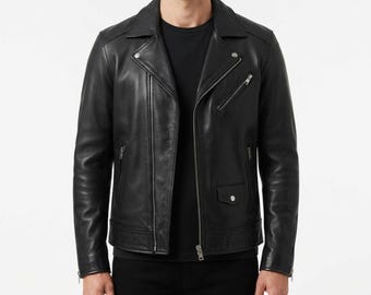 Men's Black Genuine Leather Biker Jacket - Classic Moto Jacket - Asymmetrical Zip Motorcycle Jacket - Double Lapel - Gift For Him