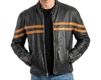 Men's Black Genuine Leather Motorcycle Jacket - Handmade Striped Moto Jacket - Classic Halloween Cosplay Café Racer Outerwear Jacket