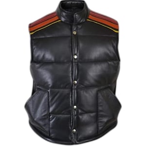May include: Black leather vest with a stand-up collar and a quilted design. The vest features two front pockets and silver buttons. The shoulders have red, orange, and yellow stripes. The vest is suitable for all seasons.