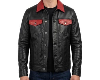 Men's Black and Red Genuine Leather Trucker Jacket - Handmade Two Tone Moto Jacket - Stylish Motorcycle Streetwear Leather Outerwear