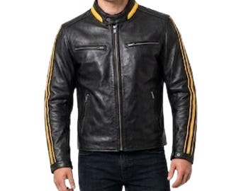 Men's Black and Yellow Genuine Leather Racing Jacket - Handmade Retro Motorcycle Moto Jacket - Striped Café Racer Biker Outerwear Jacket