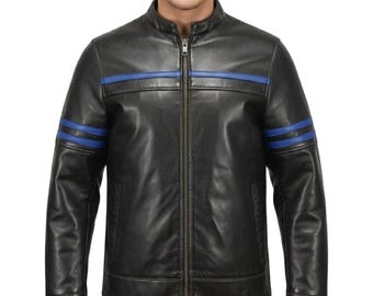 Men's Black Genuine Leather Racing Jacket - Handmade Blue Stripe Motorcycle Moto Jacket - Café Racer Retro Racing Biker Outerwear Jacket