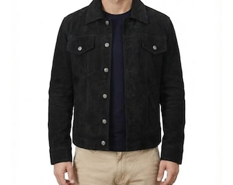 Men's Black Suede Leather Trucker Jacket - Vintage Cowboy Shirt - Autumn, Fall, Winter Outfit - Casual Outerwear - Gift For Him