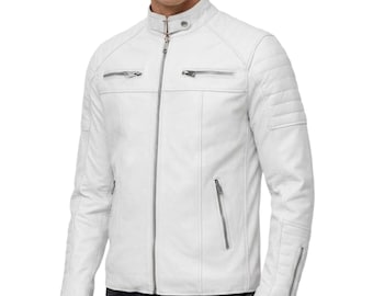 Men's White Genuine Leather Moto Jacket - Handmade Classic Motorcycle Jacket - White Café Racer Leather Outerwear Jacket Gift For Him