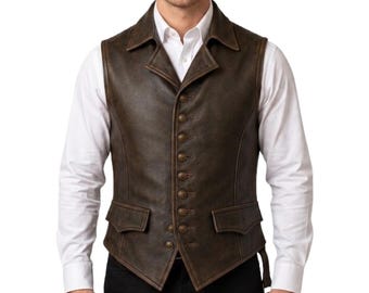 Men's Brown Genuine Leather Vest - Handmade Vintage Cowboy Western Waistcoat - Rustic Leather Biker Halloween Cosplay Costume Vest For Him