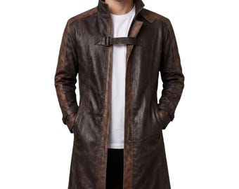 Men's Handmade Brown Genuine Leather Duster Coat - Long Leather Trench Coat - Vintage Gothic Inspired Outerwear Dark Halloween Costume