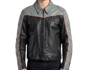 Men's Vintage 80s Genuine Leather Moto Jacket - Handmade Black & Grey Striped Café Racer Jacket - Retro Motorcycle Racing Outerwear Jacket