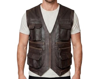 Men's Chris Real Pratt JW Movie Vest - Mens Brown Leather Hunter Vest - Handmade Halloween Cosplay Costume Outerwear Vest Gift For Him