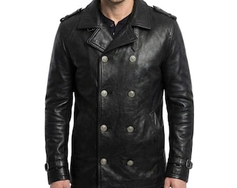 Casaco masculino preto de couro bovino - Abotoamento duplo com meio cinto - Ideal para ocasiões casuais, festas, viagens, coquetéis e inverno - Presente perfeito para ele