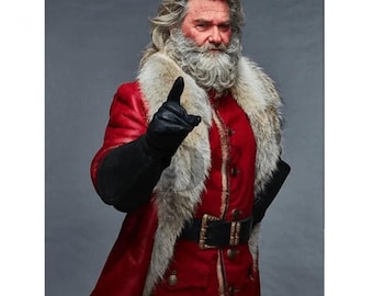 Gabardina de cuero de Papá Noel con las Crónicas Navideñas Largas - Traje de piel de oveja de la película Russell Red Kurt - Disfraz de Papá Noel para cosplay - Regalo para él