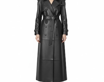 Women's Black Lambskin Leather Trench Coat - Double-Breasted Slim-Fit Outfit - Quilted Design Full-Length Winter's Wear - Gift For Her