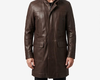 Men's Brown Genuine Leather Coat - Stand Collar Long Coat - Zip Front Coat, Multi Pocket Leather Coat - Classic Men's Outerwear
