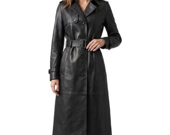 Women's Black Genuine Leather Trench Coat - Handmade Long Leather Overcoat - Elegant Black Leather Winter Outerwear Coat Gift for Her