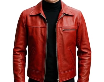 Men's Red Genuine Leather Moto Jacket - Handmade Classic Motorcycle Jacket - Stylish Slim Fit Red Leather Outerwear Jacket Gift for Him