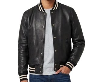 Men's Black Genuine Leather Varsity Bomber Jacket - Handmade Sporty Leather Bomber Winter Casual Outerwear - Baseball Jacket For Men