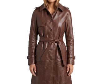 Womens Brown Genuine Leather Trench Coat - Handmade Double Breasted Belted Mid Length Coat - Classic Brown Leather Winter Overcoat