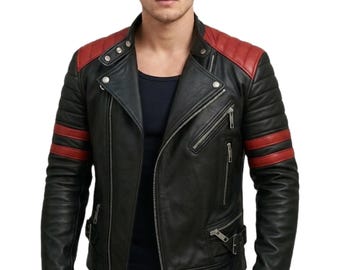 Men's Red and Black Genuine Leather Biker Jacket - Handmade Café Racer Style Motorcycle Jacket - Bold Halloween Cosplay Leather Outerwear