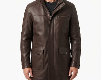 Men's Real Leather Coat - Genuine Leather Long Winter Coat - Stand Up Collar Winter Outerwear -  Business Casual Fashion Outerwear