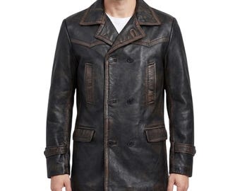 Casaco masculino de couro bovino preto estilo marinheiro - Abotoamento duplo com efeito desgastado - Ideal para ocasiões casuais, festas, viagens e inverno - Perfeito para presentear.