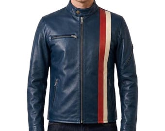 Men's Blue Genuine Leather Biker Jacket - Handmade Vintage Racing Stripe Moto Jacket - Classic Retro Motorcycle Leather Racer Jacket For Men