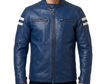 Men's Blue Genuine Leather Moto Jacket - Handmade Café Racer Striped Motorcycle Jacket - Blue Slim Fit Bike Rider Leather Outerwear Jacket