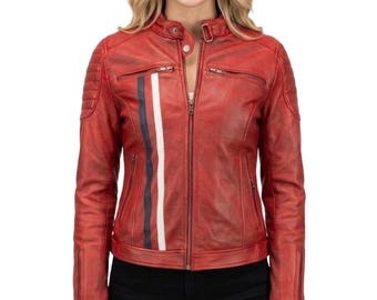 Women's Red Stripe Genuine Leather Moto Jacket - Handmade Slim Fit Retro Racer Jacket - Classic Motorcycle Leather Vintage Outerwear Jacket