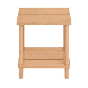 Puede incluir: Una pequeña mesa auxiliar de madera de color marrón claro con una parte superior de listones y un estante inferior. La mesa tiene cuatro patas redondeadas y mide unos 46 cm de alto y 41 cm de ancho.