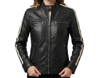 Women's Black Genuine Leather Café Racer Jacket - Handmade White Striped Moto Jacket - Slim Fit Motorcycle Streetwear Biker Outerwear Jacket