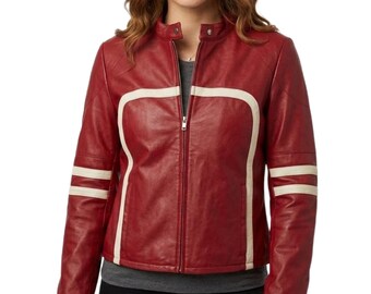 Women's Red & White Genuine Leather Moto Jacket - Handmade Racing Stripe Motorcycle Jacket - Slim Fit Café Racer Halloween Cosplay Jacket
