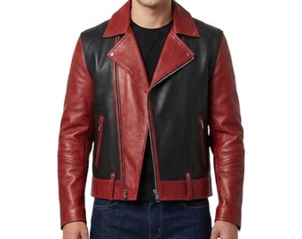 Men's Red and Black Genuine Leather Motorcycle Jacket - Handmade Slim Fit Rock Moto Jacket - Two Tone Biker Leather Stylish Outerwear