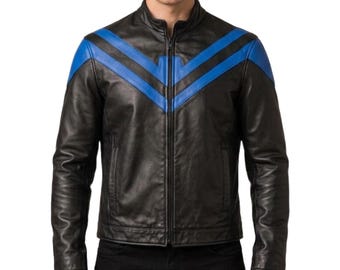 Men's Two Tone Black and Blue Genuine Leather Motorcycle Jacket - Handmade Racing Style Moto Jacket -  Halloween Cosplay Jacket Gift For Him
