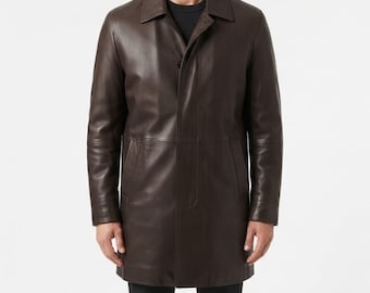 Men's Dark Brown Genuine Leather Coat - Classic Single Breasted Coat - Long Leather Coat - Notched Collar - Minimalist Casual Outerwear
