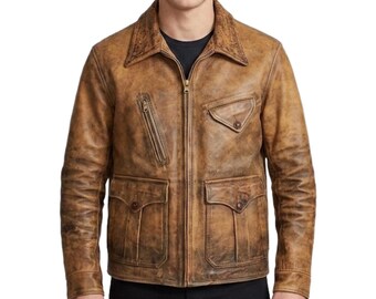 Men's 1920s Vintage Leather Newsboy Jacket - Handmade Distressed Waxed Leather Jacket - Classic Workwear Vintage Style Outerwear Jacket