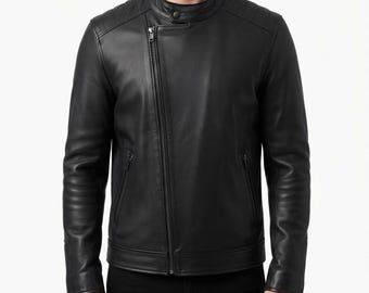 Men's Genuine Leather Biker Jacket - Black Motorcycle Moto Jacket - Zip Up Riding Jacket - Stylish Men's Streetwear - Gift For Him