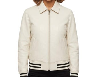 Women's White Genuine Leather Bomber Jacket - Handmade Sporty Leather Jacket - Casual  Classic Zip Up Winter Outerwear Jacket Gift for Her