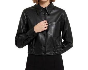 Women's Cropped Black Genuine Leather Jacket - Handmade Casual Moto Jacket - Stylish Slim Fit Streetwear Outerwear Short Leather Jacket