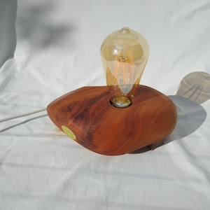 May include: A wooden lamp base with a natural wood grain finish and a clear glass light bulb. The lamp base is shaped like a teardrop and has a small, round base.