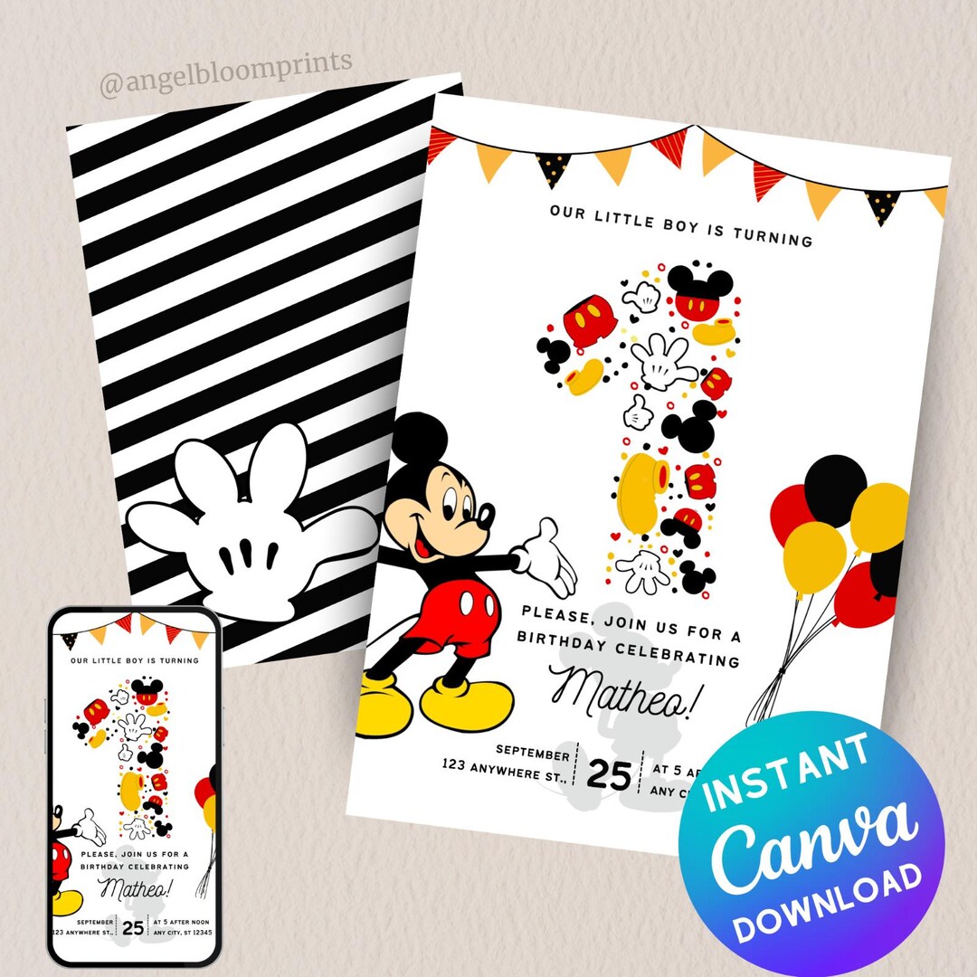 Mickey Mouse First Birthday Invitation, Printable Canva Template ...