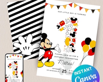 Mickey Mouse First Birthday Invitation, Printable Canva Template (Digital Download)