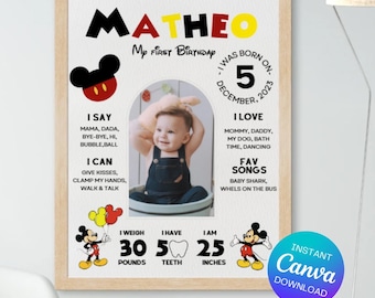 Mickey Mouse First Birthday Milestone Board (Digital Printable Template)