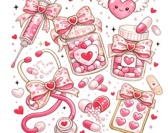 Pink Valentine Nurse Clipart Set, Coquette PNG (Digital Download