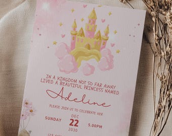 Editable Princess Birthday Invitation, Pink Gold Castle (Canva Template)