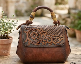 Handcrafted Camel Leather Satchel – Vintage Tooled Leather Handbag,Embossed Floral Boho Shoulder Bag