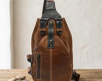 Genuine Camel Leather Sling Bag, Men's Crossbody Chest Pack, Handcrafted Backpack